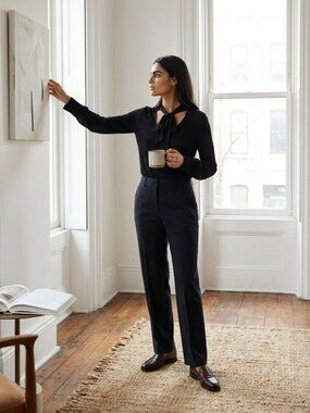 LOFT Soft Jersey Knit Black Tie-Neck Long Sleeve Blouse NEW!